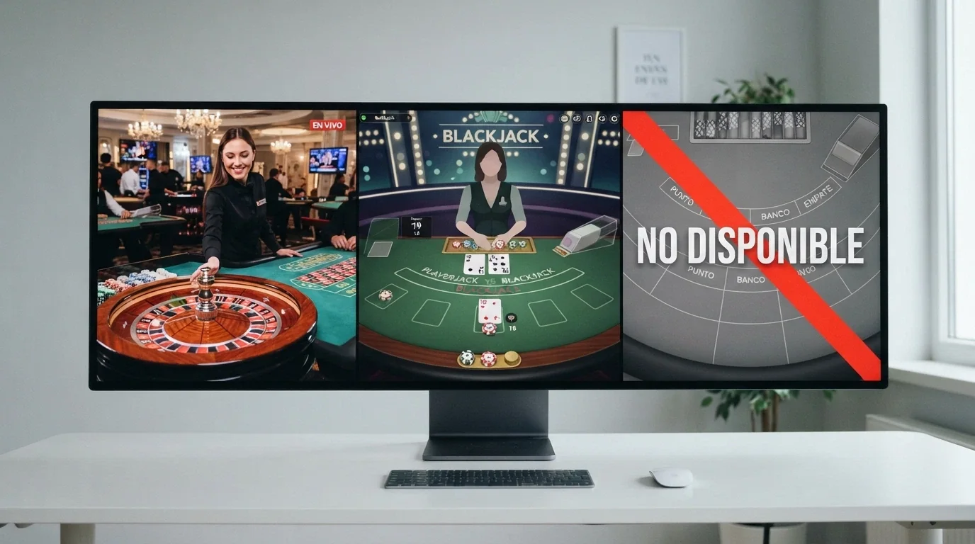 Pantalla dividida en tres secciones: a la izquierda una mesa de ruleta en vivo con crupier real, en el centro una interfaz de blackjack RNG estilo First Person, a la derecha un mensaje de «no disponible» sobre una mesa de bacará
