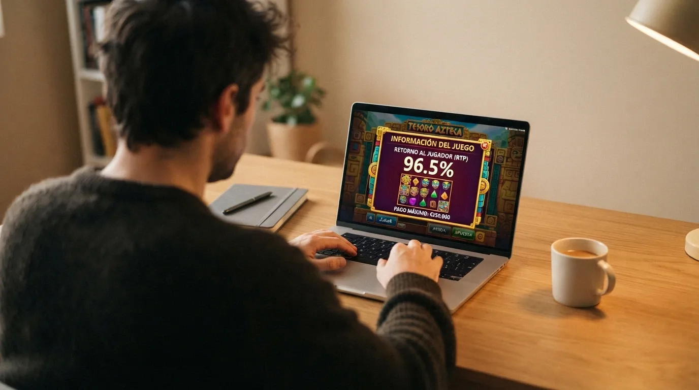 Un jugador consulta en su portátil la ficha de RTP de un casino online español antes de realizar un depósito