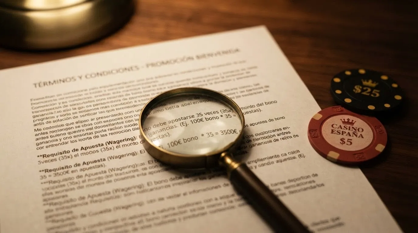 Primer plano de unos términos y condiciones con una lupa sobre la línea del requisito de apuesta, junto a fichas de póker con el símbolo de Bitcoin