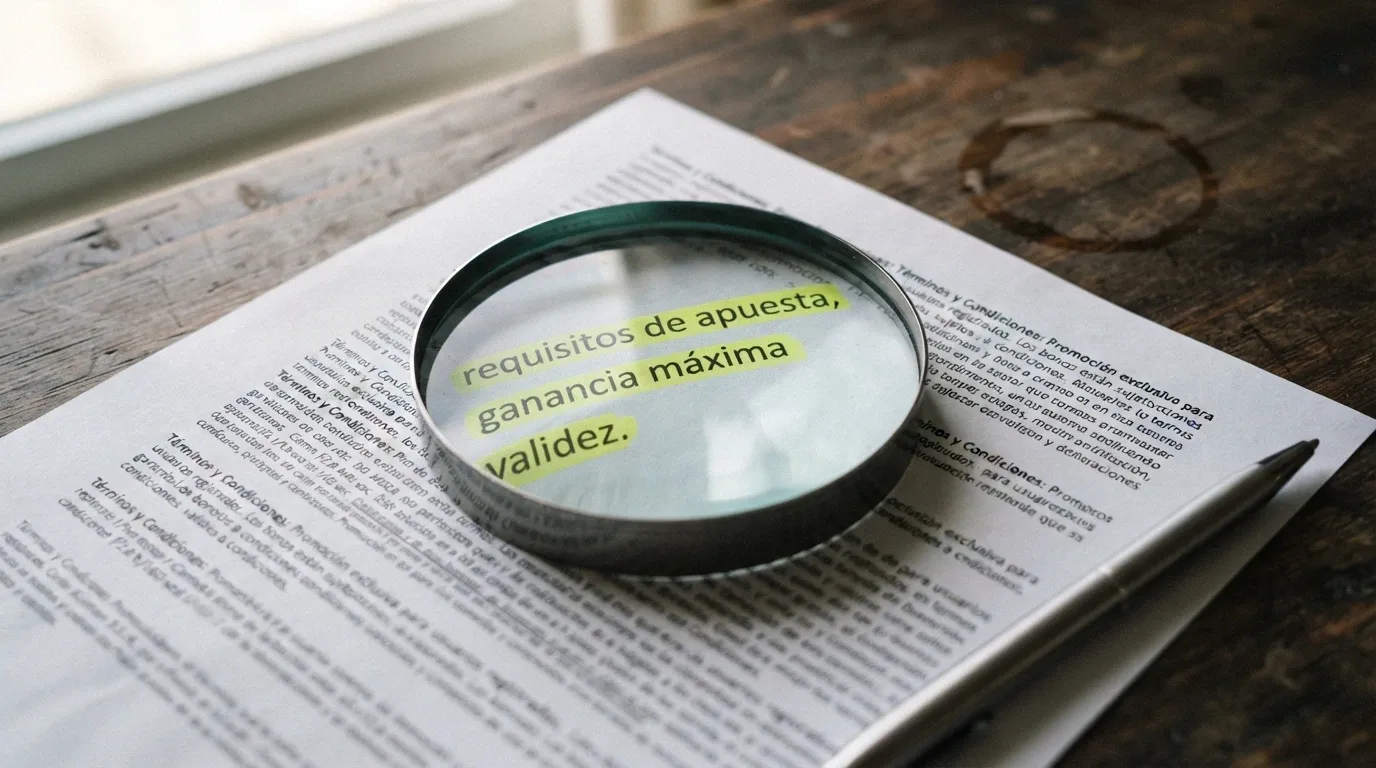 Una lupa apoyada sobre un documento impreso con términos y condiciones de un bono de casino, donde se subrayan en amarillo las palabras «rollover», «ganancia máxima» y «validez»