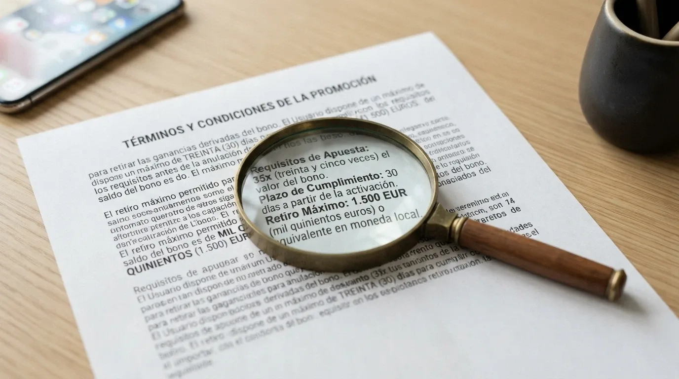 Primer plano de la letra pequeña de unos términos y condiciones de bono de casino sobre un fondo de pantalla de móvil desenfocada, con una lupa que agranda las cifras del requisito de apuesta y el plazo
