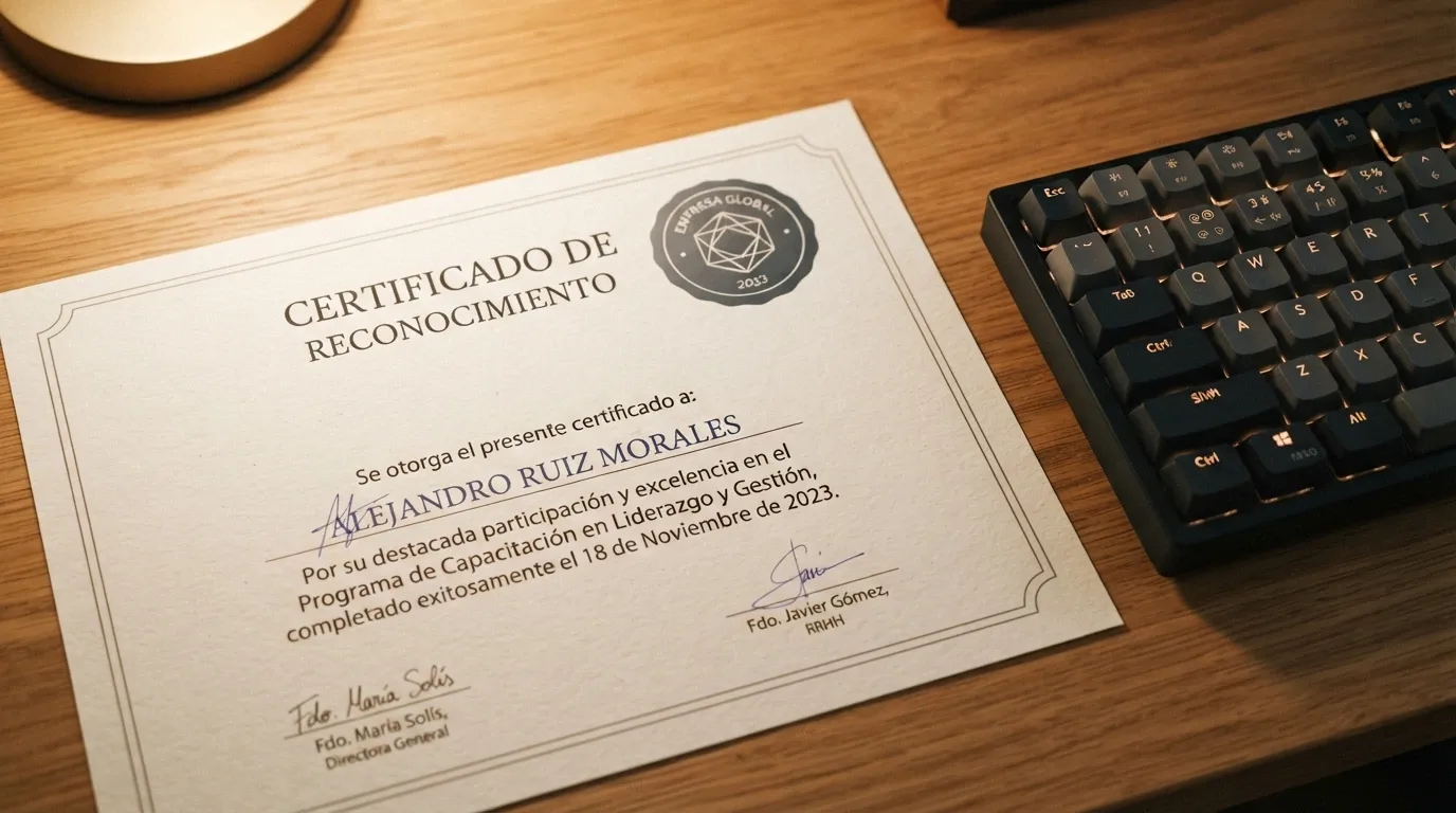 Primer plano de un certificado de licencia de juego de Curaçao sobre un escritorio con un teclado