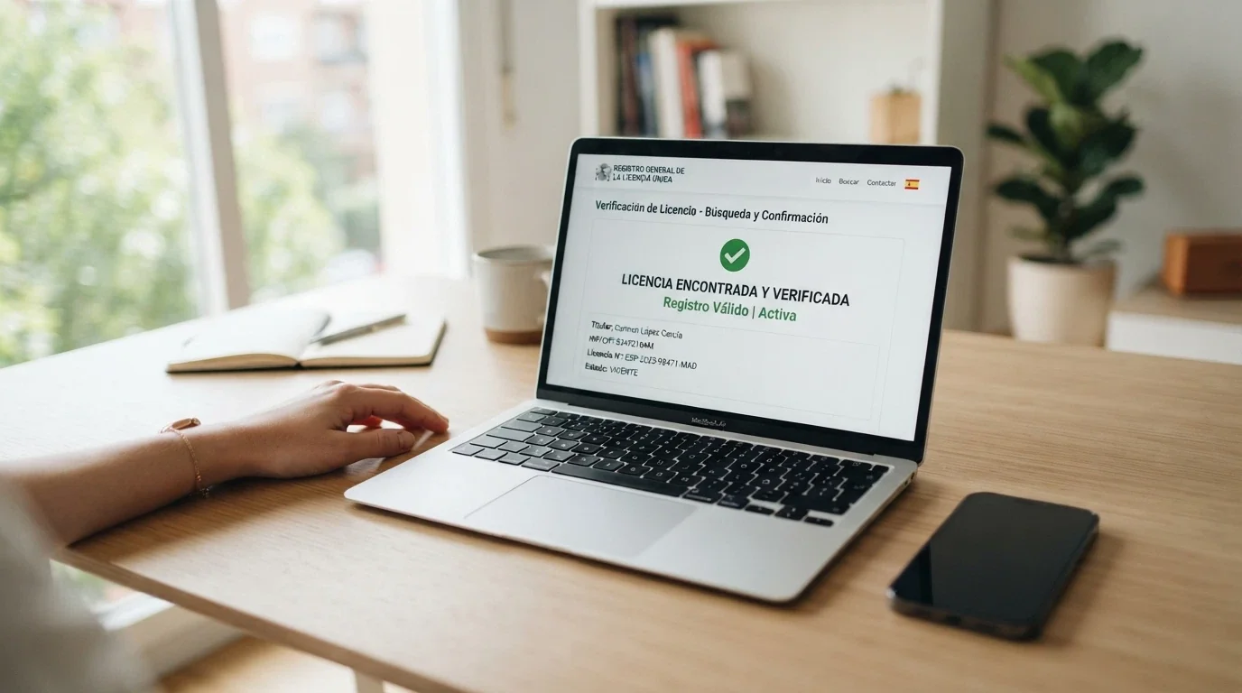 Sello oficial o documento con el escudo de la DGOJ y la inscripción «Licencia de juego online — Otros Juegos» junto a un dominio .es en la barra de un navegador