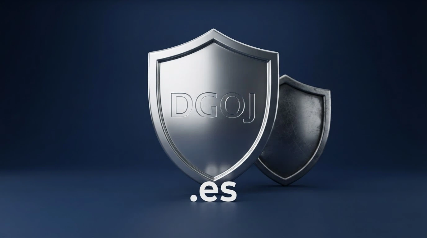 Un escudo con las siglas DGOJ y el dominio .es brillando sobre la fachada de un casino virtual, mientras otro casino sin escudo aparece en sombra al fondo