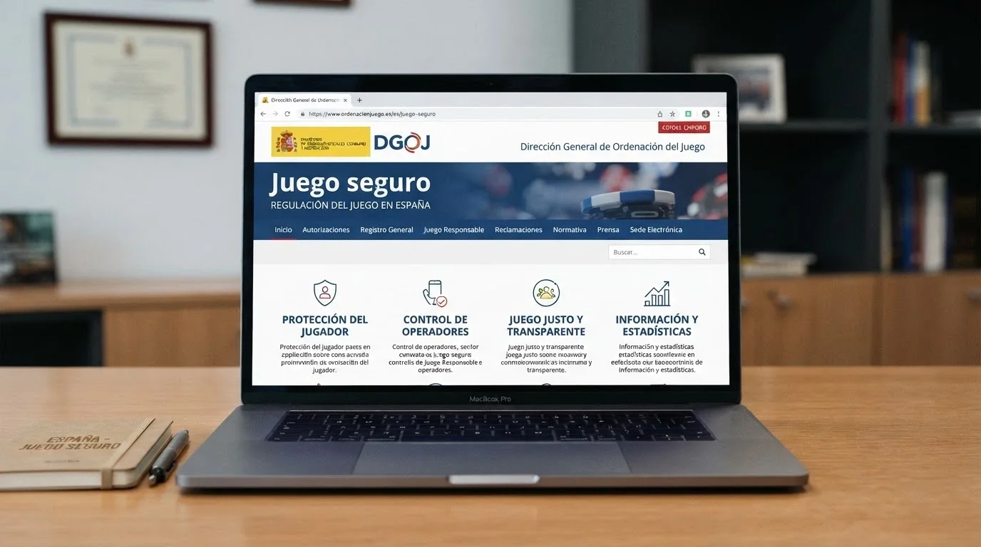 Primer plano de la página de inicio de ordenacionjuego.es en un navegador, con el logotipo de la DGOJ visible y el texto «Juego seguro» en pantalla