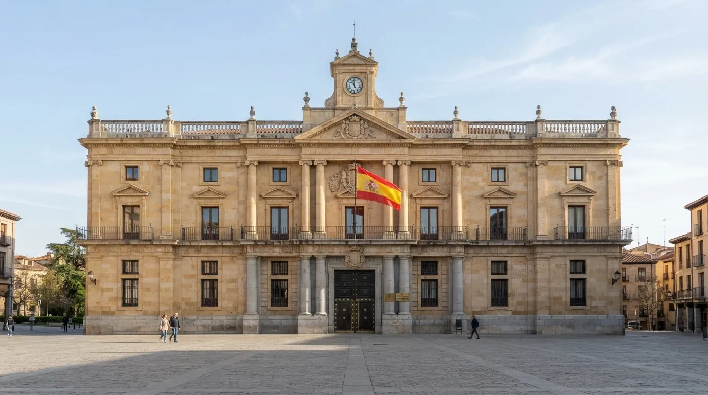 La fachada de la sede de la DGOJ con el escudo oficial y la bandera de España, en un encuadre institucional sobrio