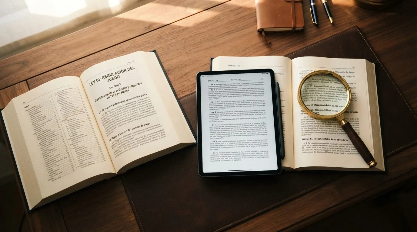 Un escritorio con un documento oficial con el sello de la DGOJ, el BOE abierto en una tableta y una lupa sobre el texto legal