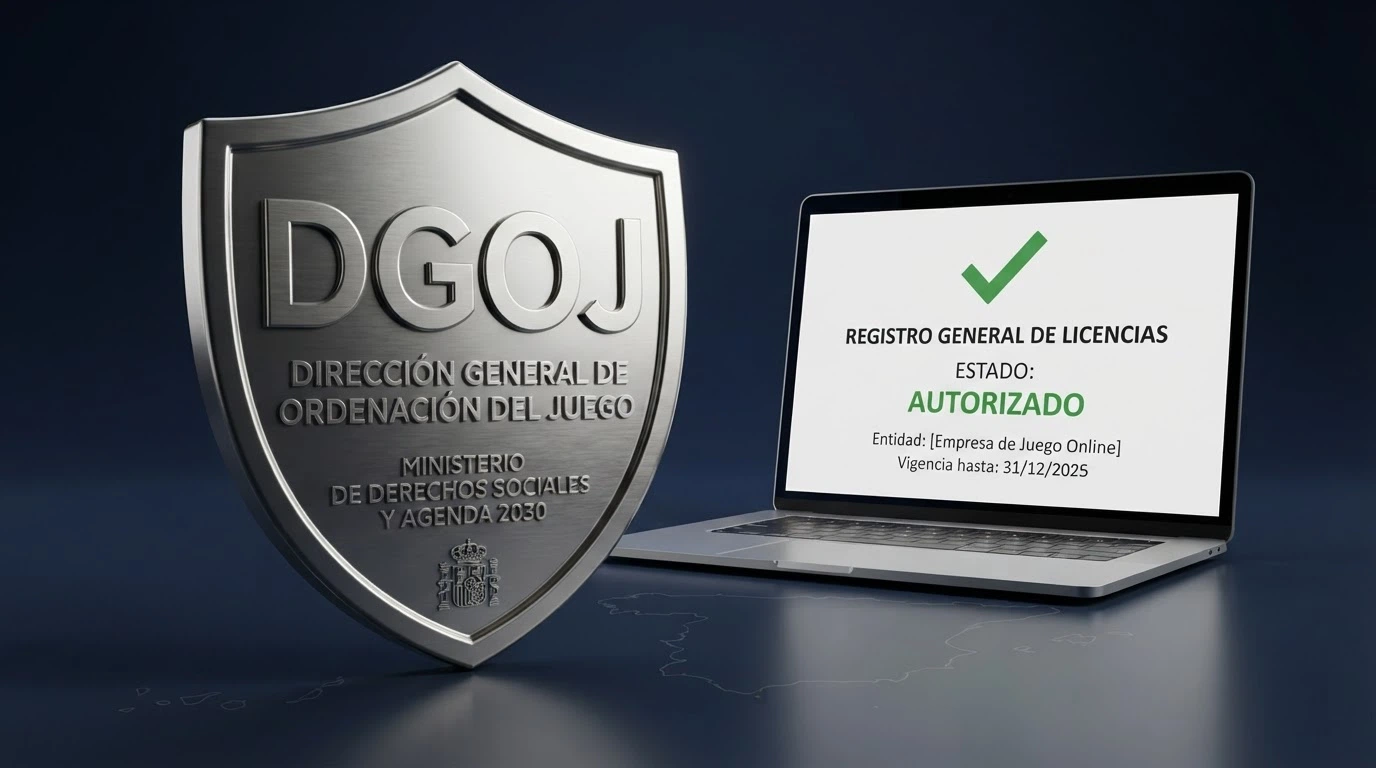 Imagen del logotipo de la DGOJ junto a una pantalla que muestra el registro oficial de operadores autorizados en ordenacionjuego.es