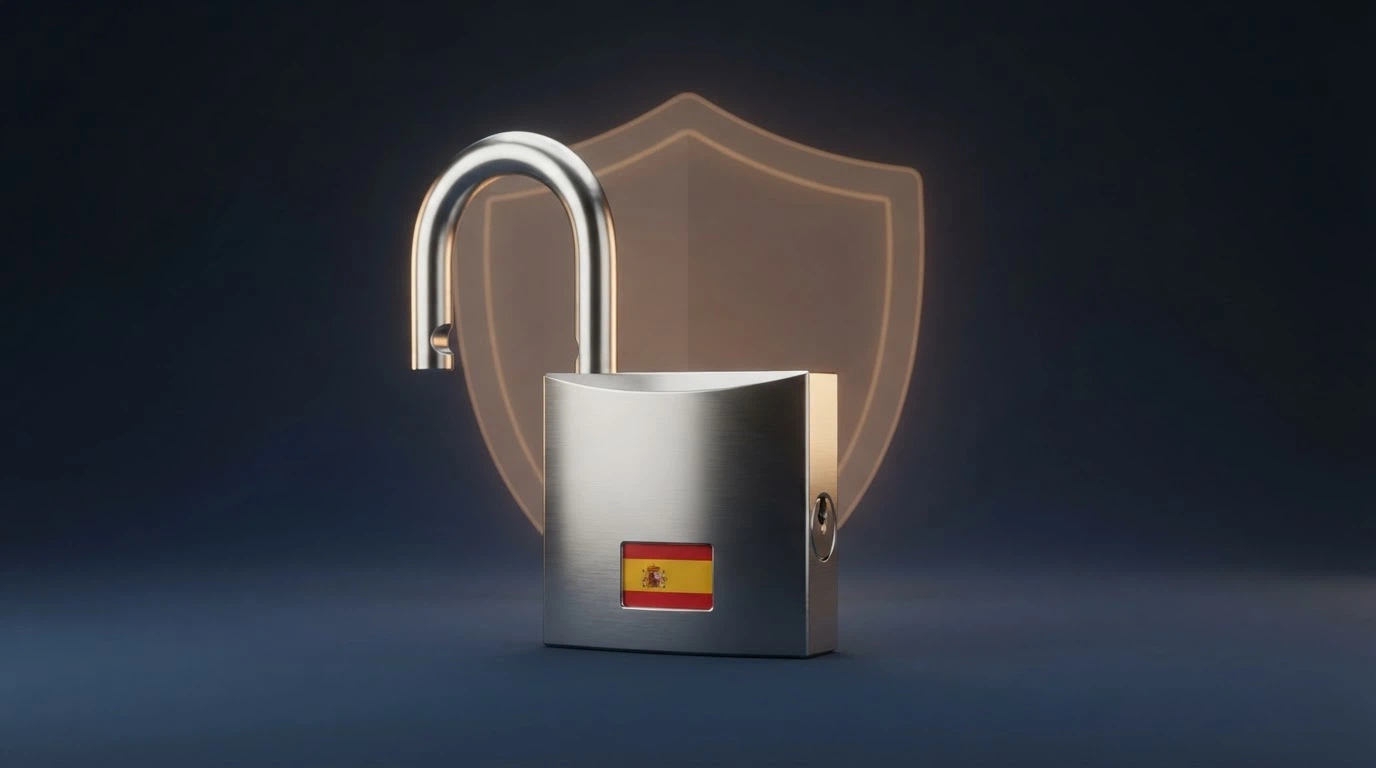 El logo de la DGOJ junto a un candado abierto y la bandera de España sobre un fondo de teclado y pantalla