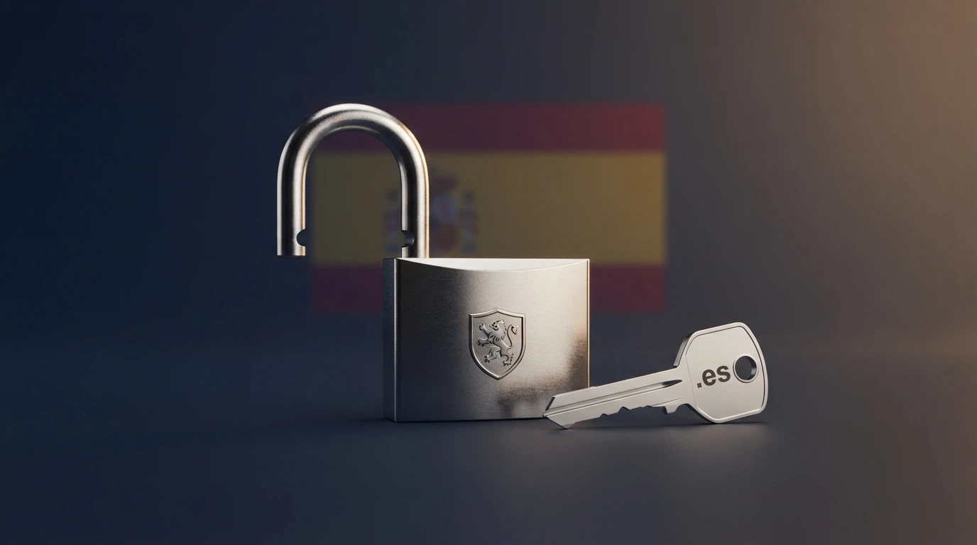Un candado abierto con el logo de la DGOJ grabado y una llave con el dominio .es junto a la bandera de España
