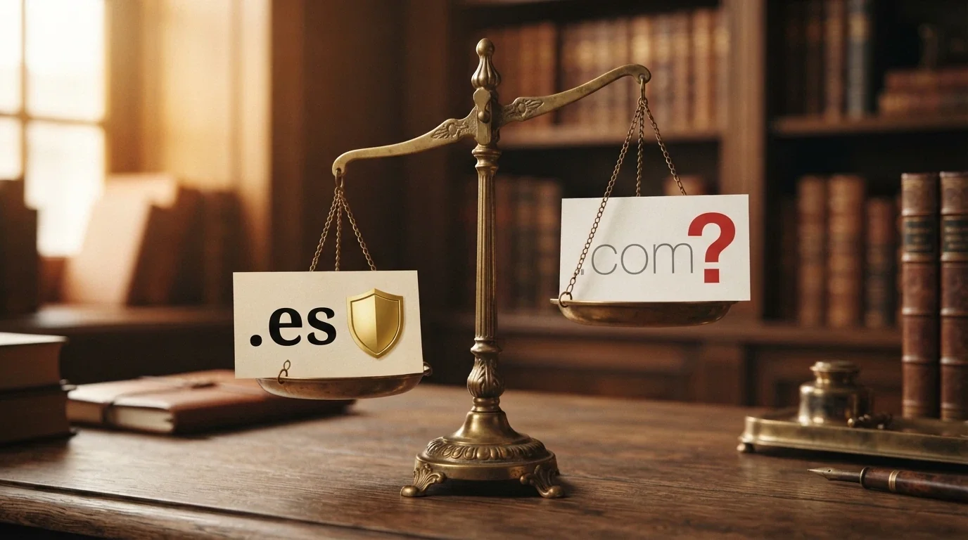 Una balanza con el escudo de la DGOJ y el dominio .es en el platillo izquierdo pesando más que un platillo derecho con un dominio .com genérico y un signo de interrogación