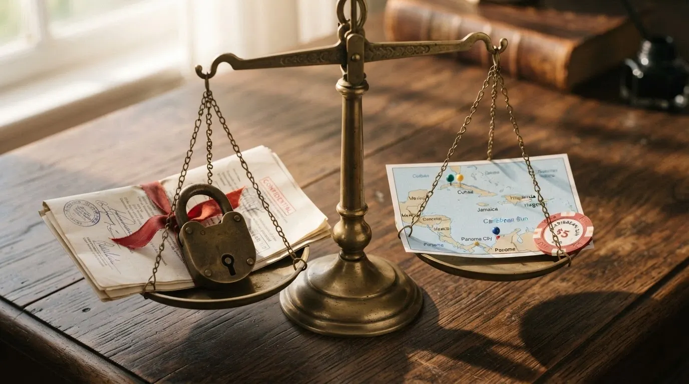 Balanza de dos platos: en uno, el escudo DGOJ con candado y documentos; en el otro, un mapa con chinchetas en Curaçao, Anjouan y Costa Rica