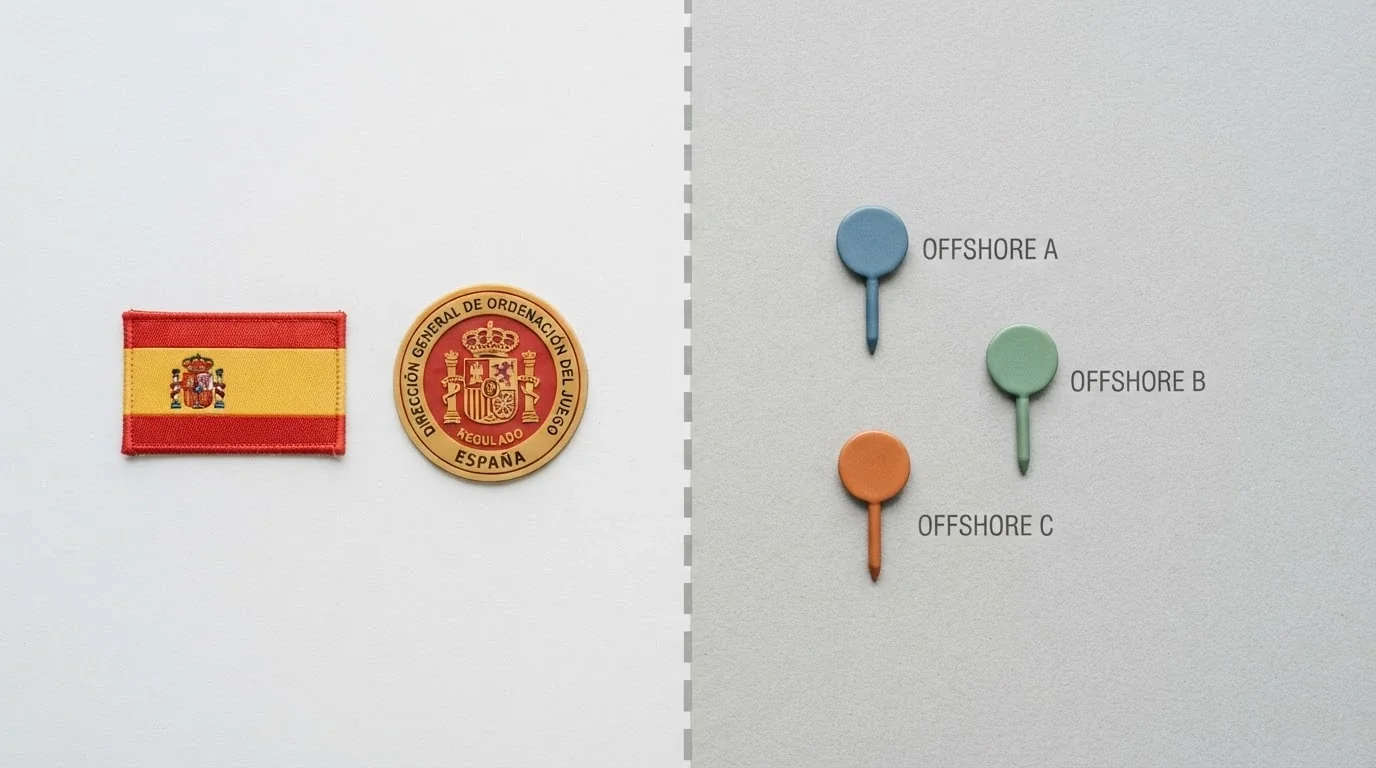 Mapa conceptual con la bandera de España y el sello de la DGOJ a la izquierda, y tres puntos offshore (Curaçao, Anjouan, Malta) a la derecha, separados por una línea discontinua
