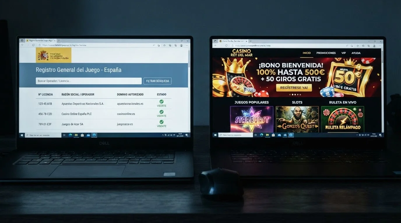Pantalla dividida: a la izquierda el registro público de la DGOJ en ordenacionjuego.es; a la derecha una web de casino sin el dominio .es.