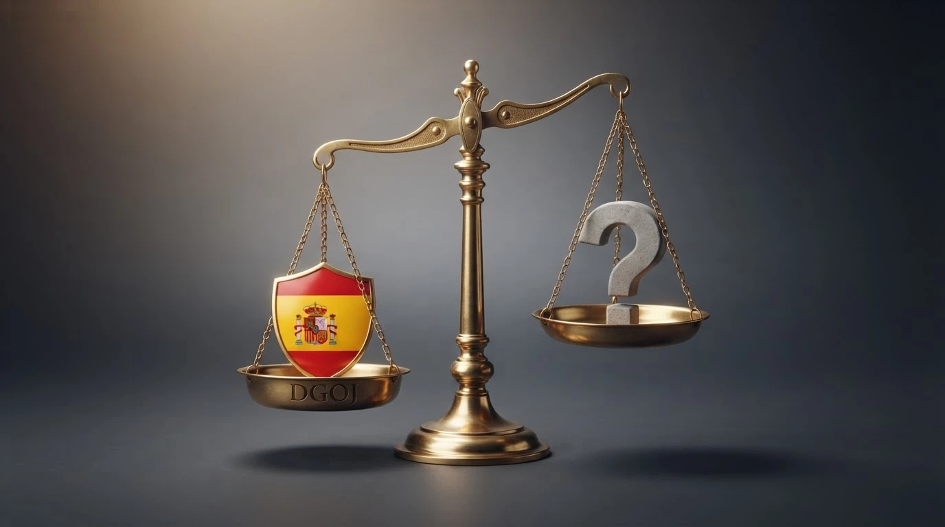 Una balanza con dos platillos: en uno, un escudo con la bandera de España y las siglas DGOJ; en el otro, un signo de interrogación sobre un dominio que no termina en .es