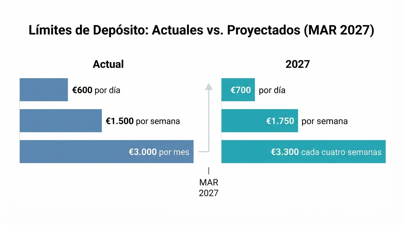 Un gráfico de barras junto a un calendario que muestra el año 2027, con cantidades en euros superpuestas y una flecha de progresión