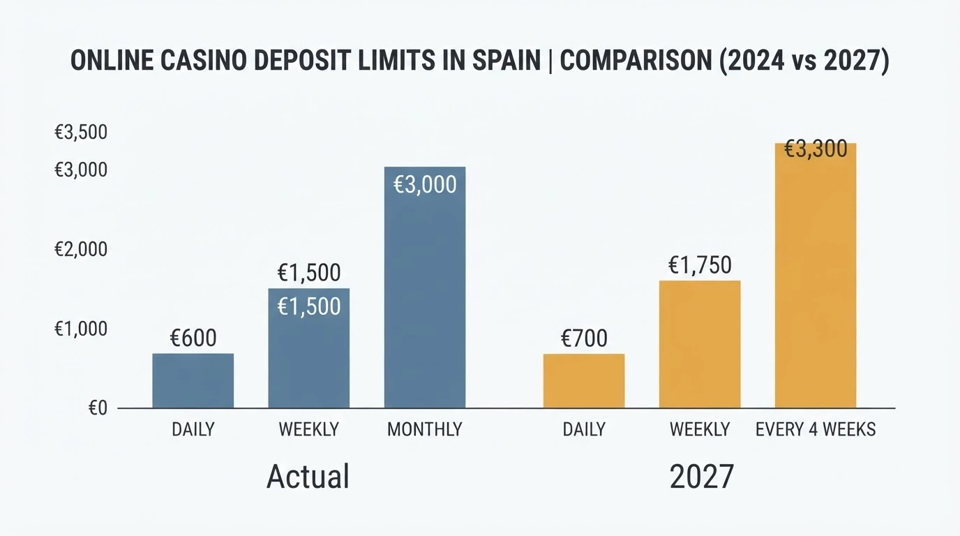 Gráfico comparativo de los límites de depósito actuales y los previstos para 2027 en casinos online españoles