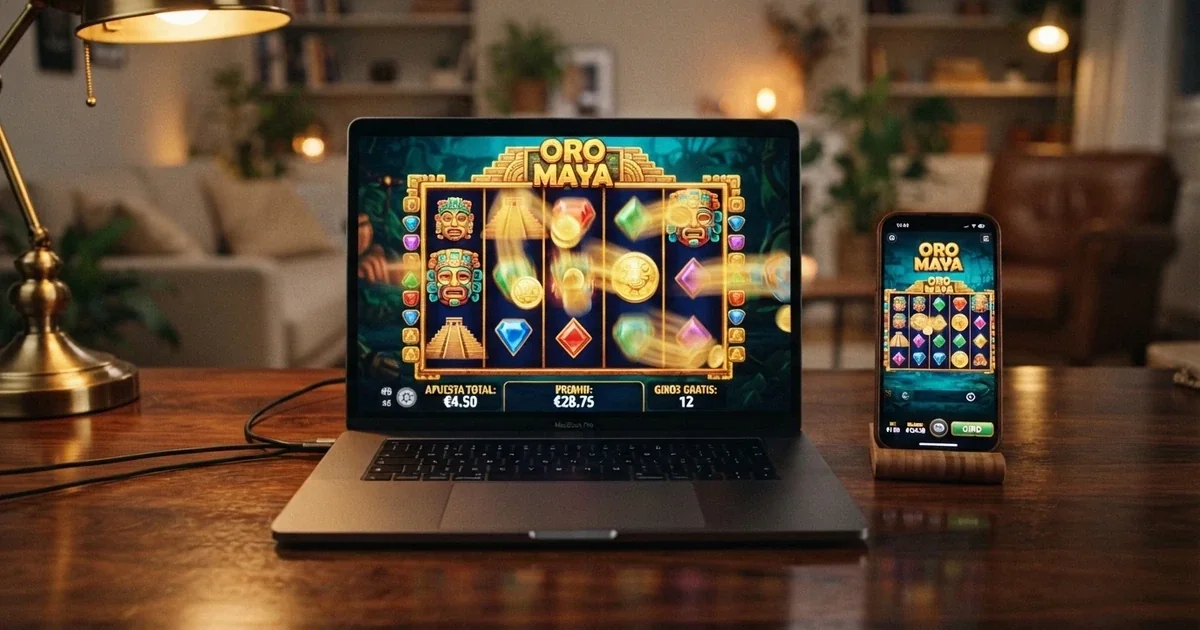 Interfaz de un casino online español mostrando slots de Hacksaw Gaming en pantalla de ordenador y móvil