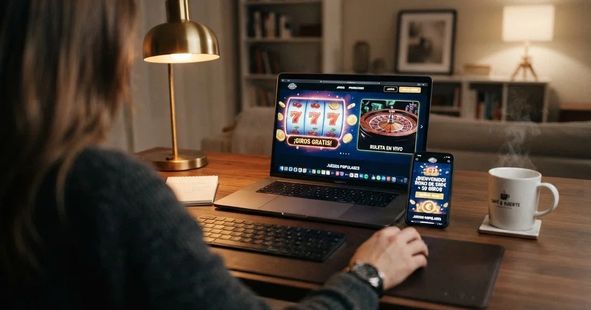 Escritorio con una pantalla que muestra la interfaz de un casino online español legal, junto a un móvil con el mismo sitio abierto, sobre una mesa con un café