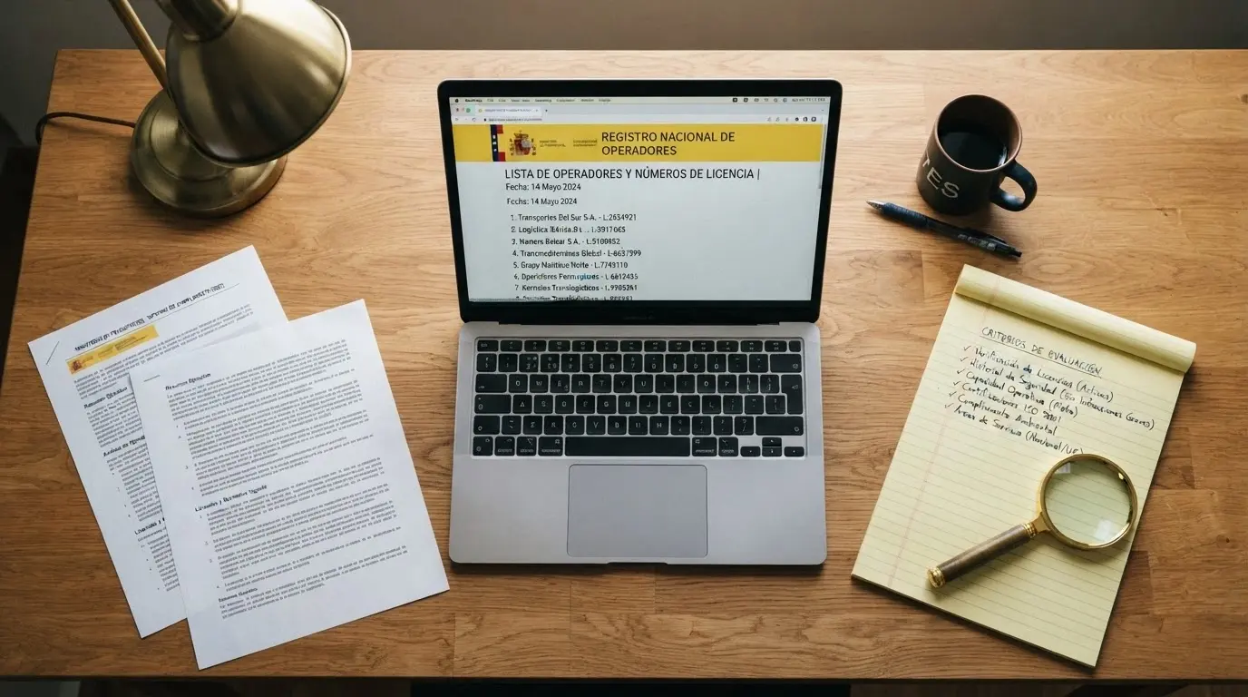 Un escritorio con documentos del BOE, una pantalla abierta en ordenacionjuego.es y notas manuscritas con los criterios de evaluación de cada operador
