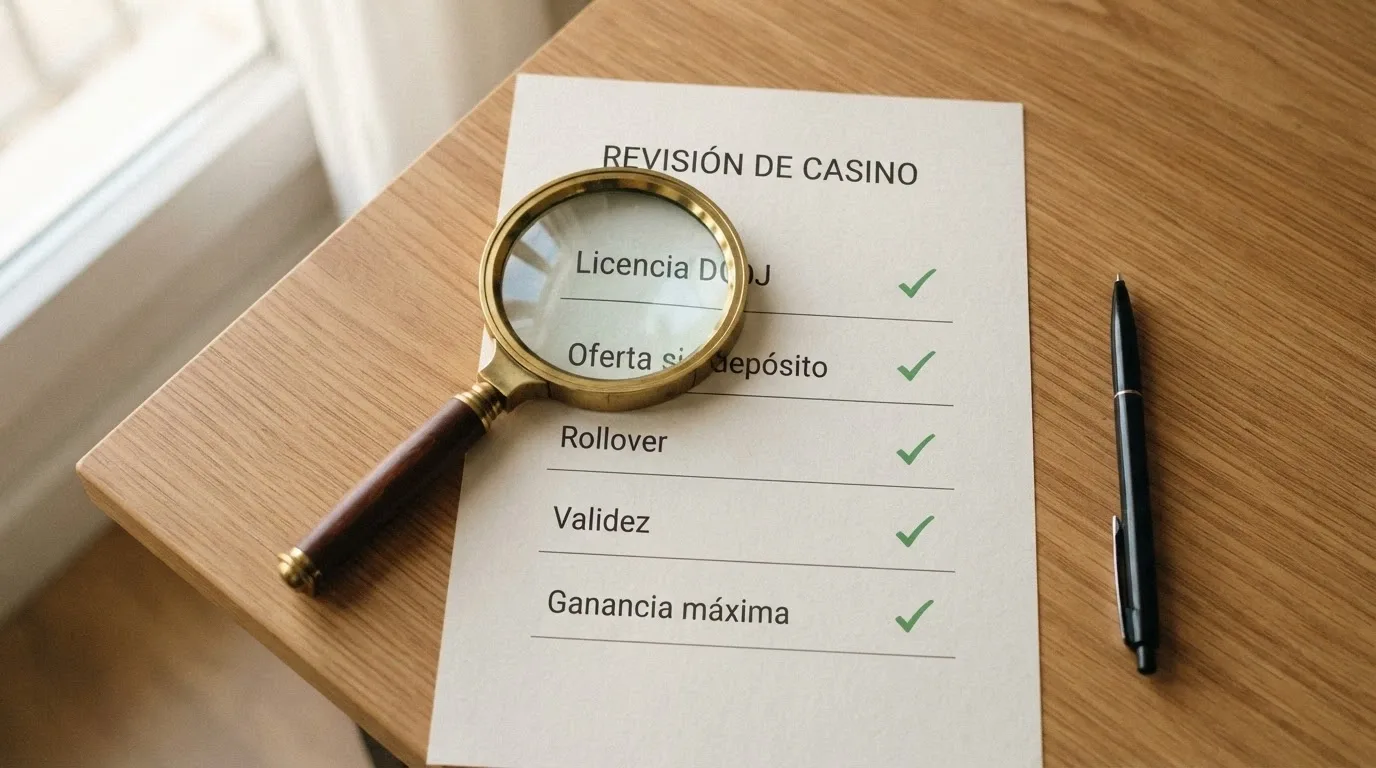 Una lupa sobre una lista de verificación con los criterios «Licencia DGOJ», «Oferta sin depósito», «Rollover», «Validez» y «Ganancia máxima» marcados con ticks