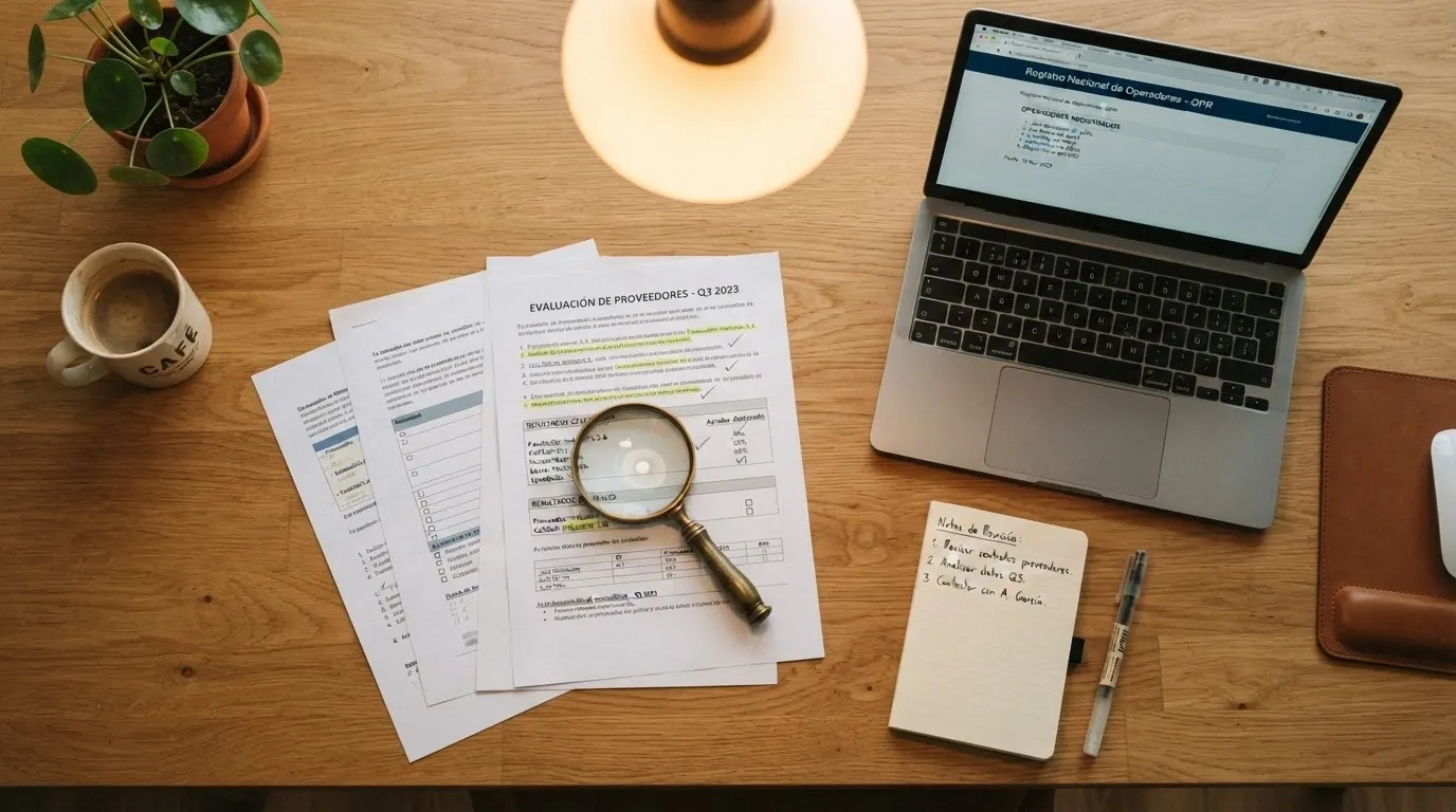 Documentos con criterios de evaluación, una lupa sobre el registro de la DGOJ y capturas de condiciones de bono sobre una mesa de trabajo
