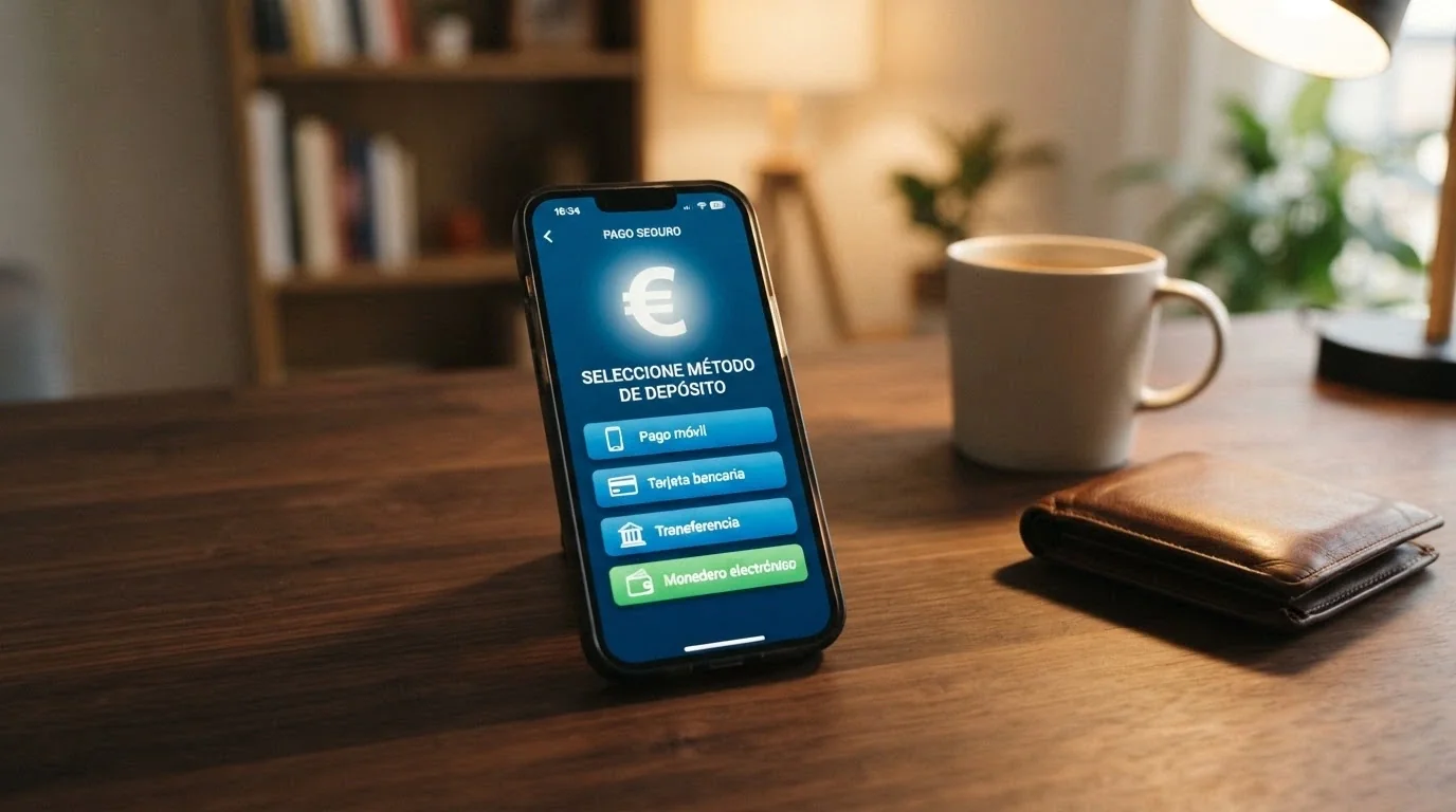 Pantalla de cajero de un casino online español mostrando las opciones de depósito: Bizum, tarjeta bancaria, transferencia y monedero electrónico, con el importe en euros