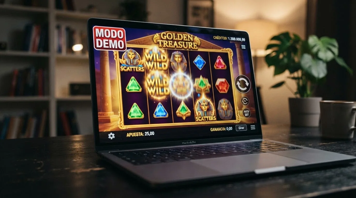 Pantalla de una tragaperras en modo demo con los créditos ficticios visibles en la esquina y un indicador claro de «MODO DEMO» o «JUGAR POR DINERO REAL»