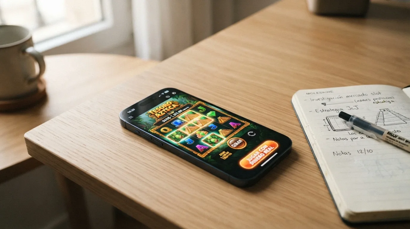 Pantalla de un slot en modo demo con el saldo ficticio visible y el botón de «jugar con dinero real» en la esquina