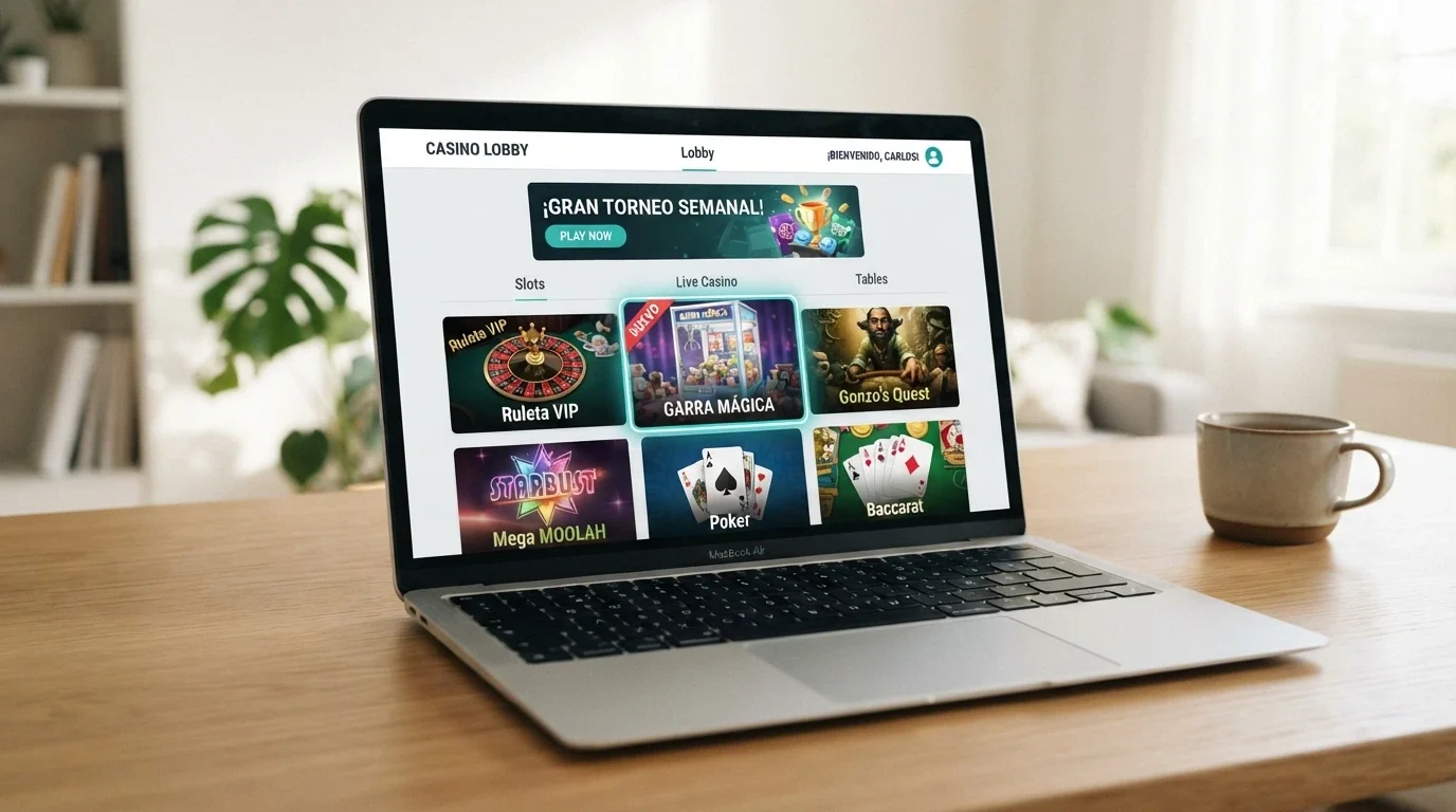 Interfaz limpia de un casino online recién lanzado con el Bonus Crab en posición destacada dentro de su lobby de juegos