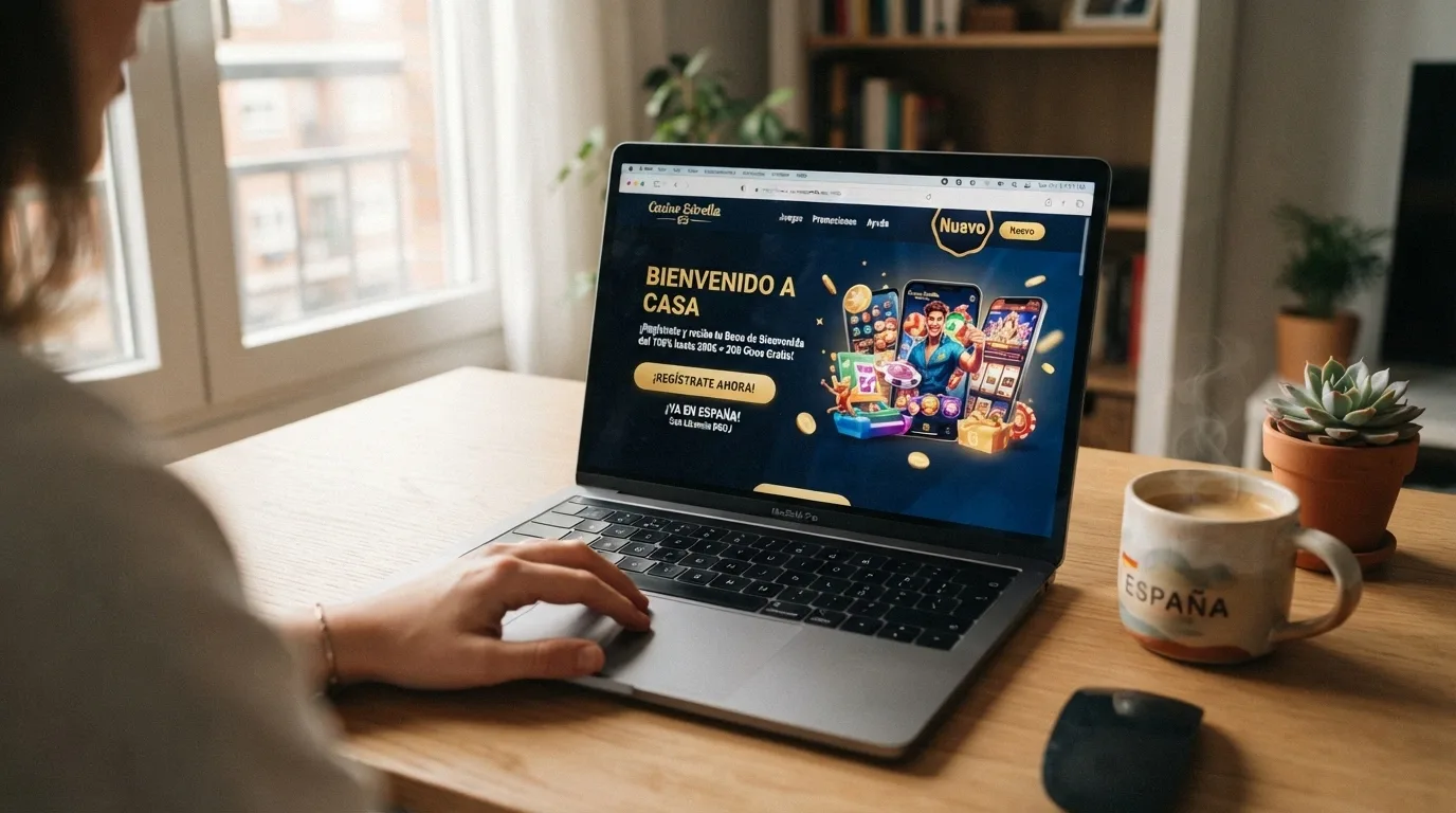 Fachada de un casino online con una etiqueta de «nuevo» y el dominio .es visible en la barra del navegador