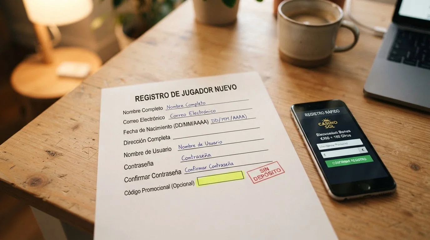 Primer plano de una tarjeta de registro de casino con el campo «código promocional» y un sello de «sin depósito», sobre una mesa con un móvil al lado