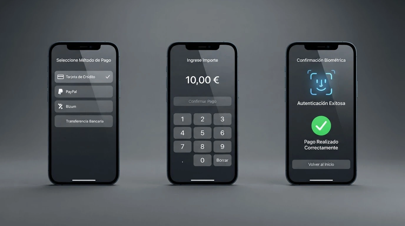 Secuencia de tres pantallas mostrando el proceso completo de depósito con Apple Pay en un casino