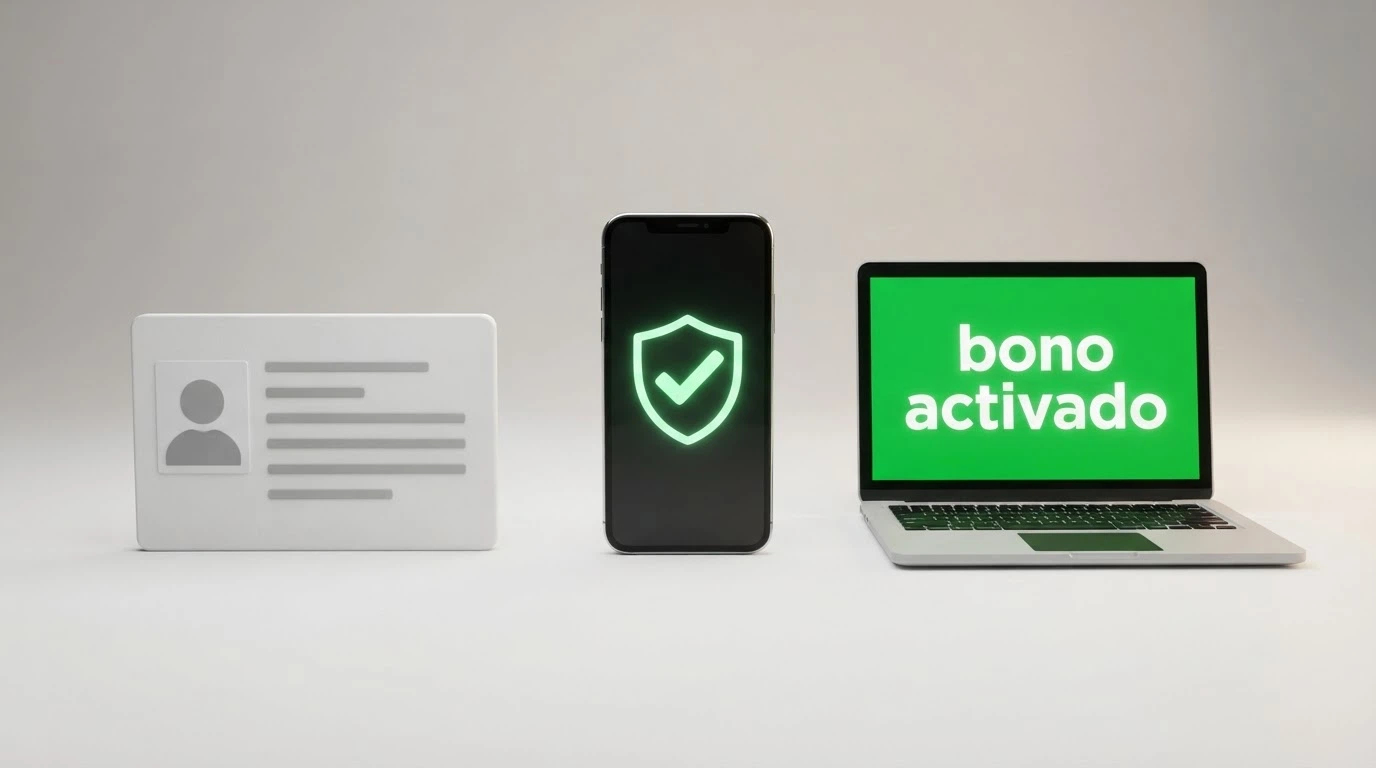 Tres iconos en secuencia horizontal: un documento de identidad, un móvil con el símbolo de verificación y una pantalla con el mensaje «bono activado»