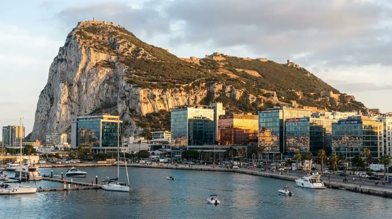 Vista del Peñón de Gibraltar desde el mar, con edificios de oficinas modernos en primer plano