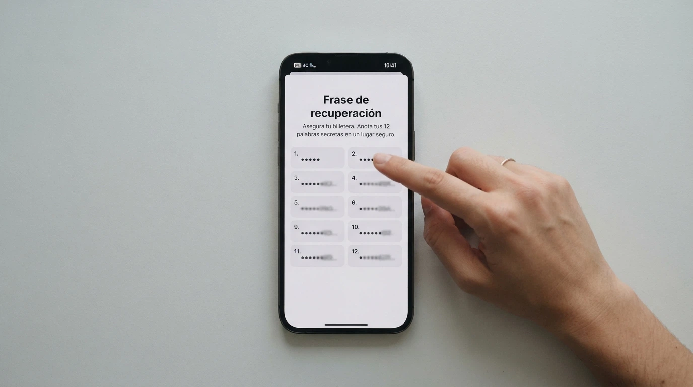 Pantalla de configuración inicial de Phantom wallet en un teléfono móvil, con la frase de recuperación parcialmente oculta
