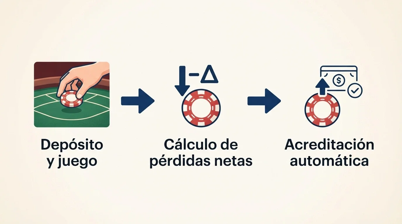 Diagrama visual de tres pasos: depósito y juego → cálculo del saldo negativo al cierre del período → acreditación del porcentaje de reembolso en la cuenta