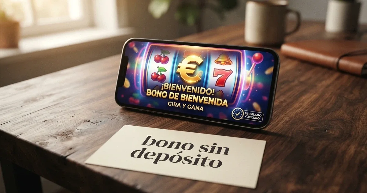 Escritorio con un móvil mostrando la pantalla de bienvenida de un casino online español, una tarjeta con el texto «bono sin depósito» en primer plano y el logo de la DGOJ visible en la esquina inferior del navegador