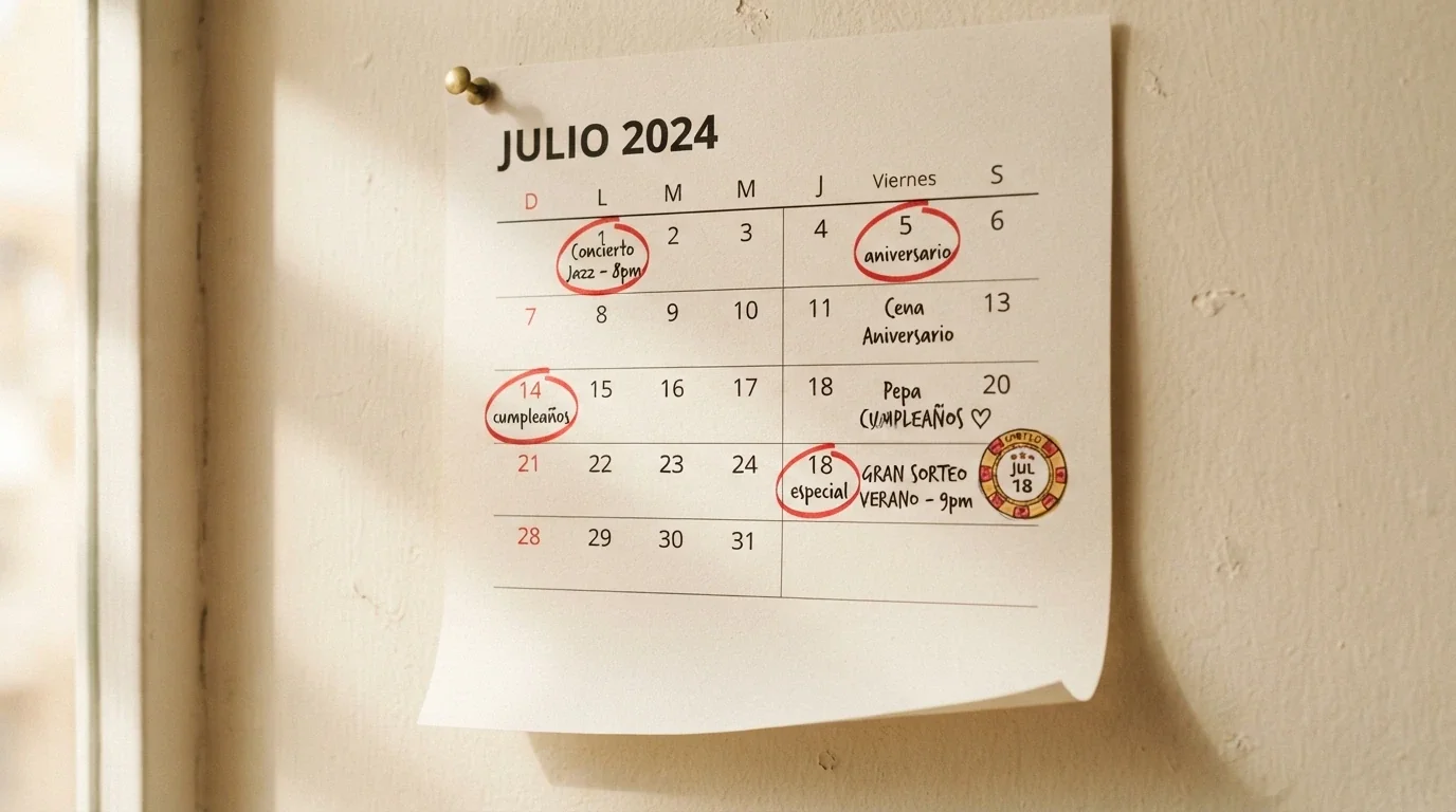 Un calendario de pared abierto en una hoja de verano, con varios círculos alrededor de fechas y el logo genérico de un casino online junto a una de ellas