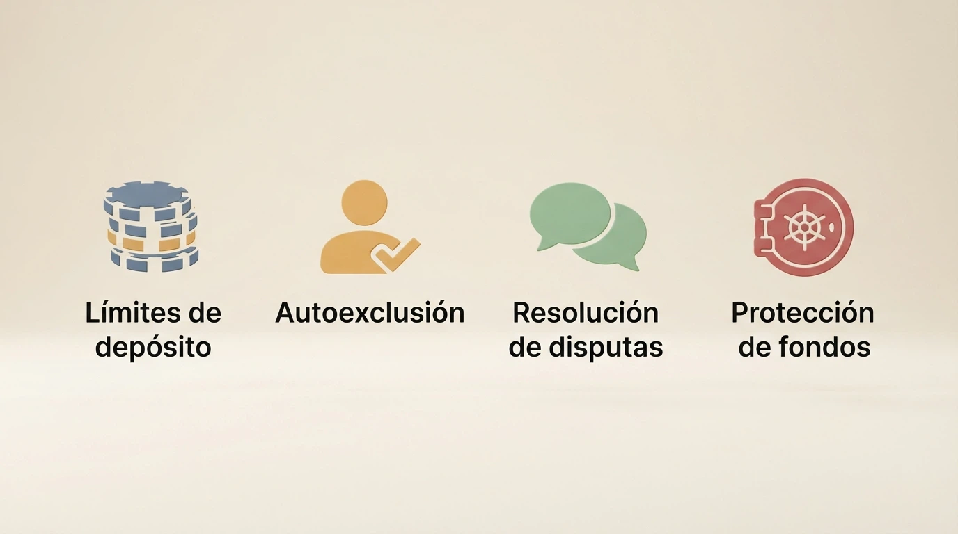 Infografía con los derechos del jugador bajo licencia DGOJ: límites de depósito, autoexclusión, resolución de disputas y protección de fondos