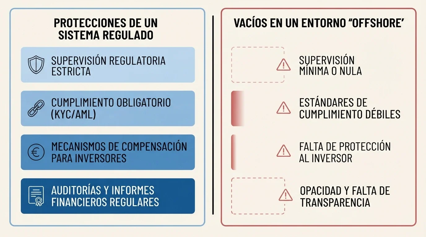 Infografía con dos columnas contrastadas: protecciones del sistema DGOJ frente a carencias del entorno offshore