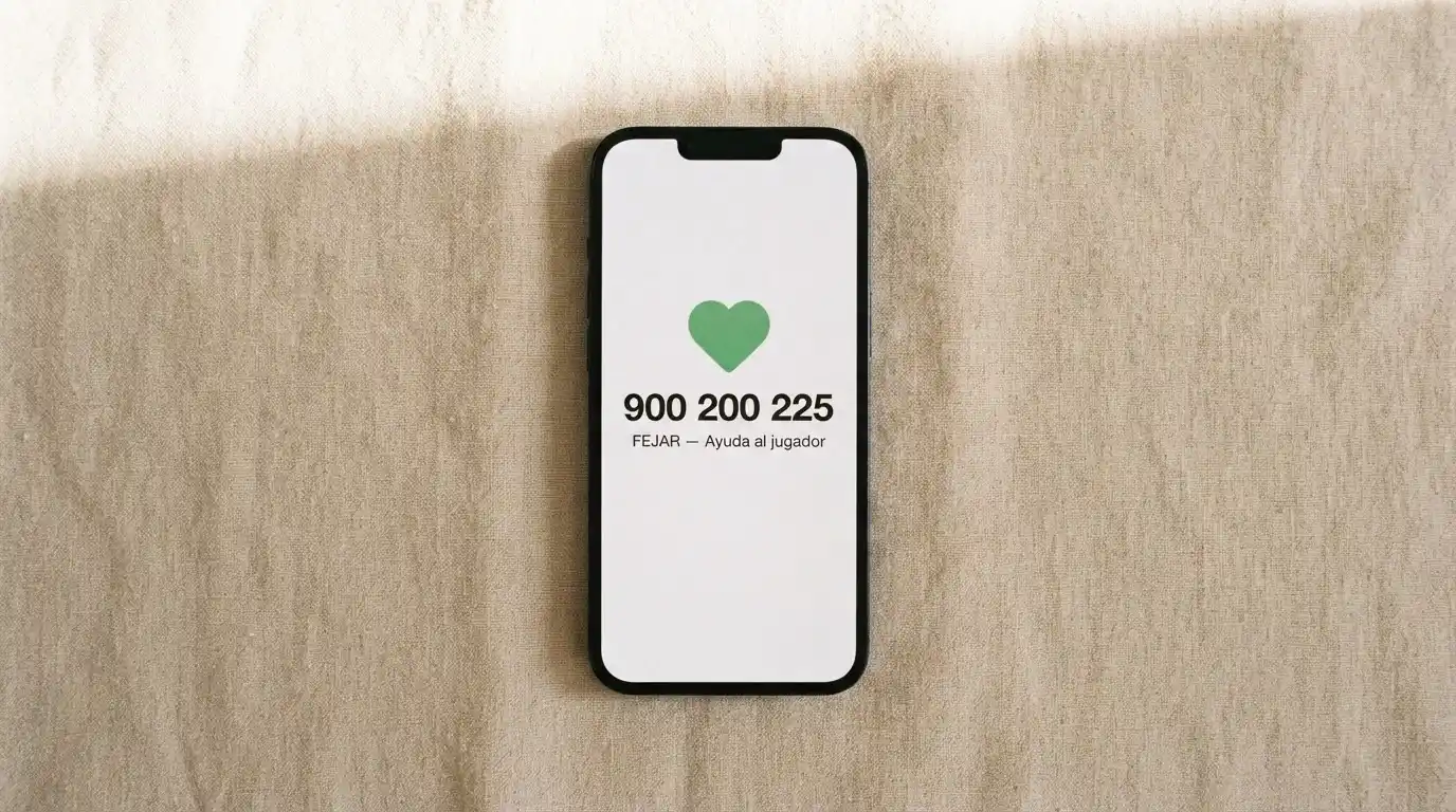 Un teléfono móvil con la pantalla mostrando el número 900 200 225 junto al texto «FEJAR — Ayuda al jugador» y un icono de corazón verde