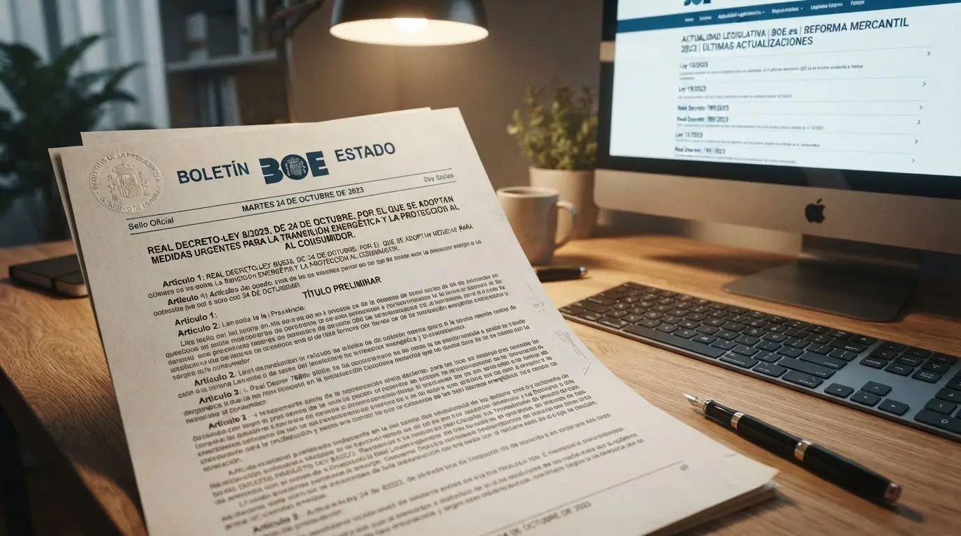 Primer plano de un documento legal con el sello oficial de Gibraltar sobre una mesa, junto a un teclado y una pantalla que muestra texto normativo