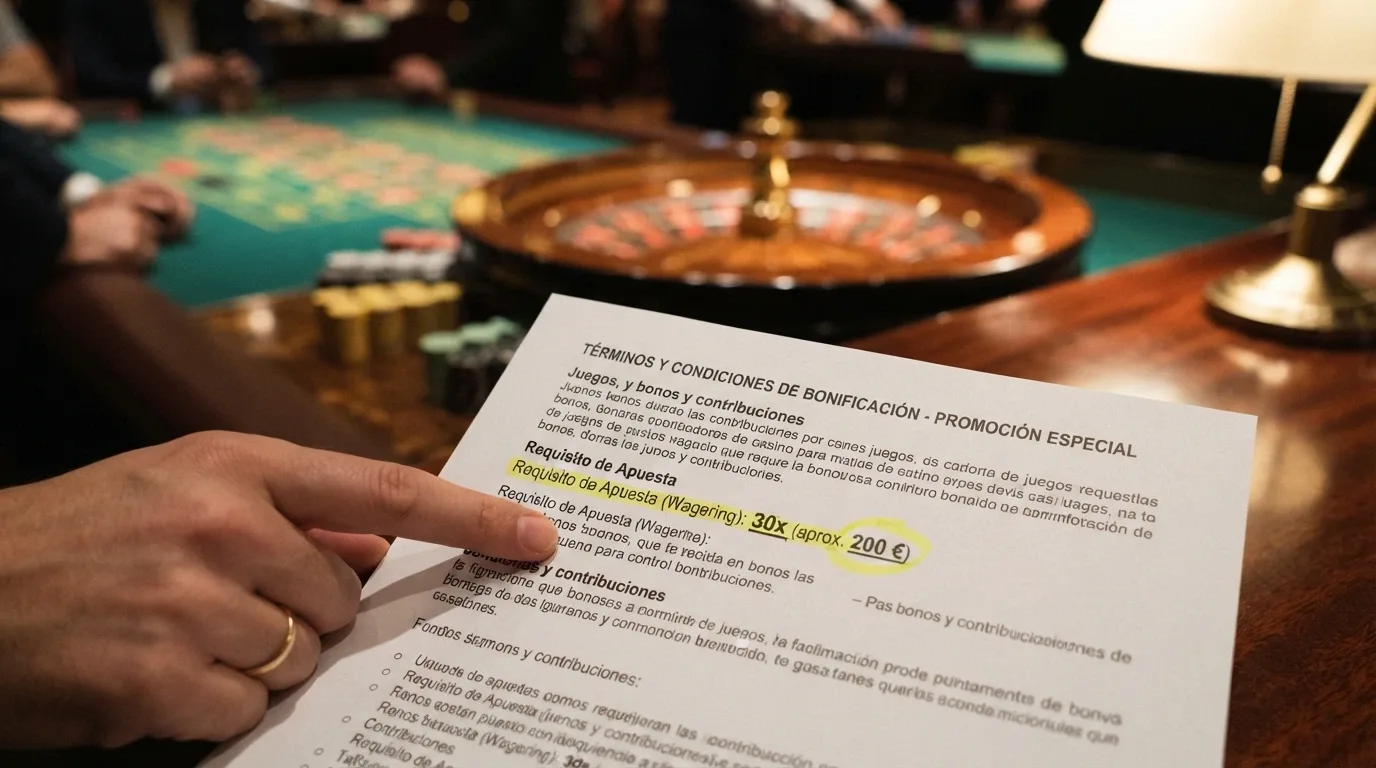 Primer plano de unos términos y condiciones de bono de casino en vivo sobre un fondo desenfocado de mesa de ruleta, con el multiplicador de apuesta y el plazo resaltados en color