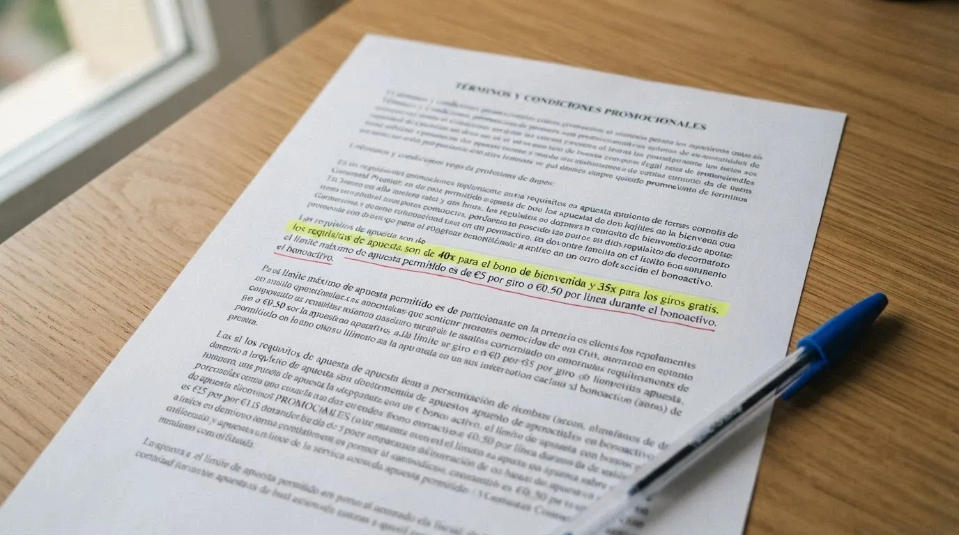 Primer plano de los términos y condiciones de un bono de casino online, con el multiplicador de apuesta y la letra pequeña subrayados
