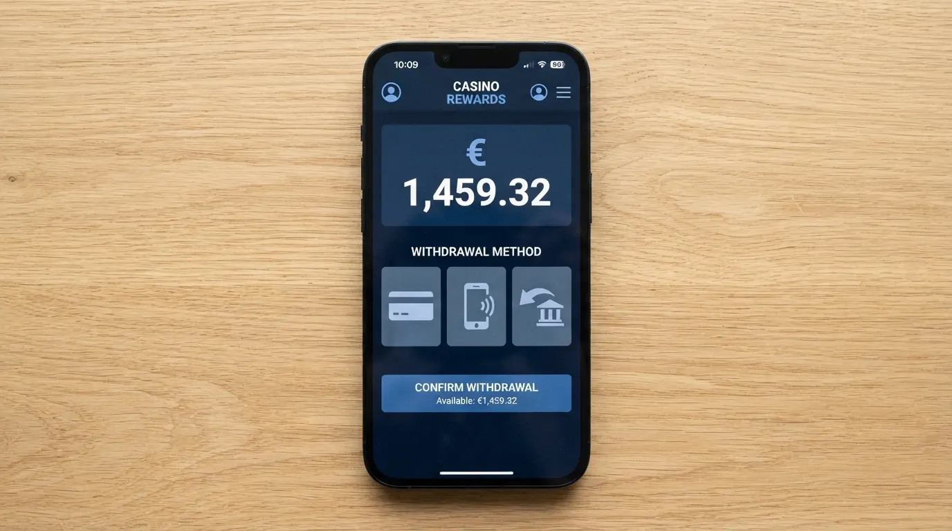 Un teléfono mostrando la pantalla de retirada de un casino online con el saldo de ganancias y los iconos de Bizum, tarjeta y transferencia como opciones