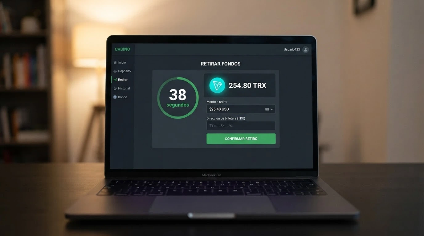 Interfaz de un casino online con el panel de retirada abierto mostrando «38 segundos» junto al icono de TRON y el importe en dólares
