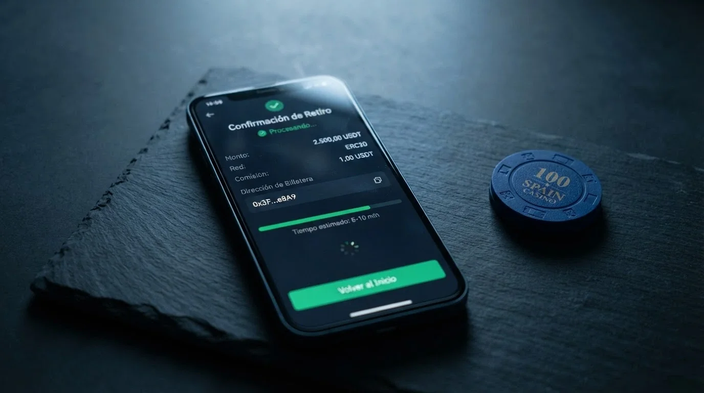 Pantalla de solicitud de retiro en un casino cripto mostrando el campo de dirección de wallet BNB y el tiempo estimado de procesamiento