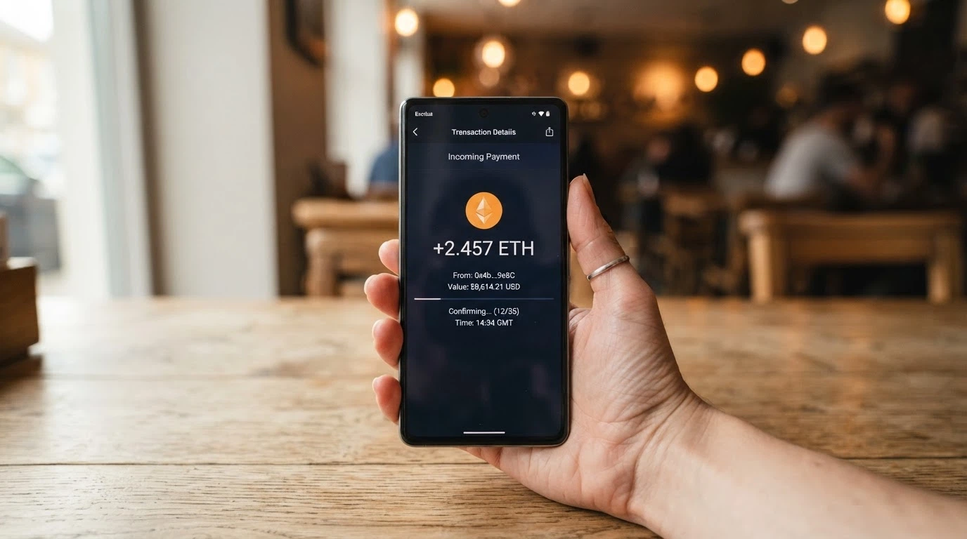 Pantalla de un teléfono móvil mostrando una cartera de criptomonedas con una transacción entrante desde un casino