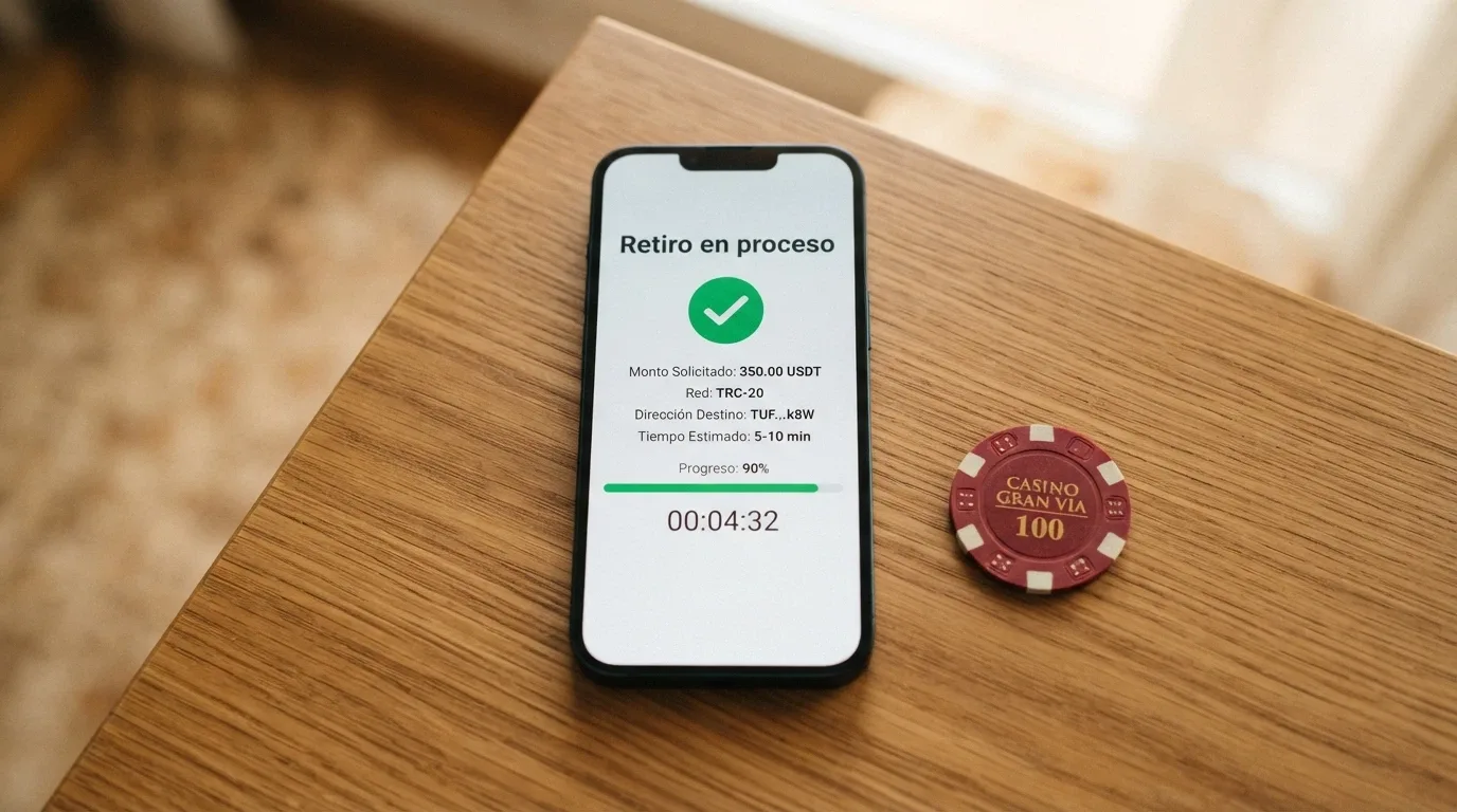 Pantalla de una retirada de criptomonedas en proceso, con el tiempo estimado de liquidación y la red utilizada